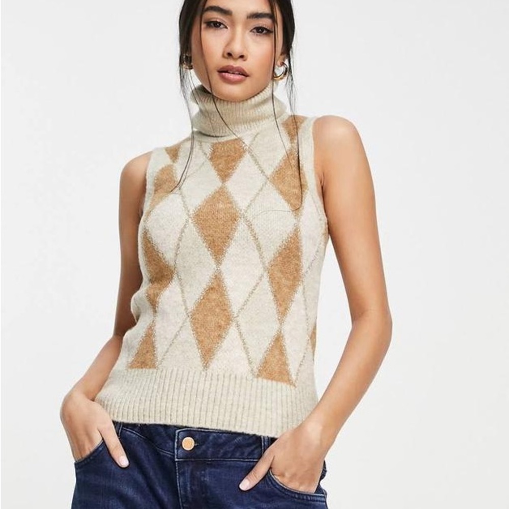 River Island argyle check sleeveless roll neck knit vest